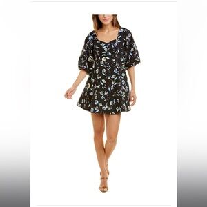 NICHOLAS Black and Blue Floral Mini Dress with puff sleeves